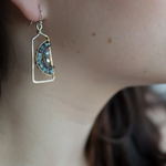 Blue zoisite, light blue fresh water pearl, and pink crystal arches within a sterling silver box earring