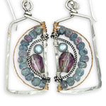 Blue zoisite, light blue fresh water pearl, and pink crystal arches within a sterling silver box earring