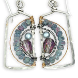 Blue zoisite, light blue fresh water pearl, and pink crystal arches within a sterling silver box earring