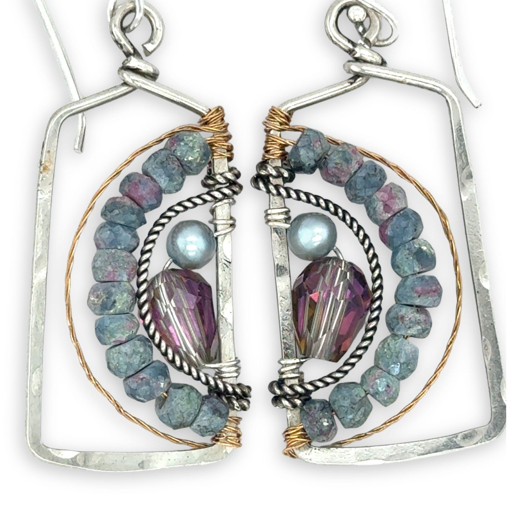 Blue zoisite, light blue fresh water pearl, and pink crystal arches within a sterling silver box earring