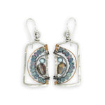 Blue zoisite, light blue fresh water pearl, and pink crystal arches within a sterling silver box earring