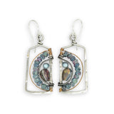 Blue zoisite, light blue fresh water pearl, and pink crystal arches within a sterling silver box earring