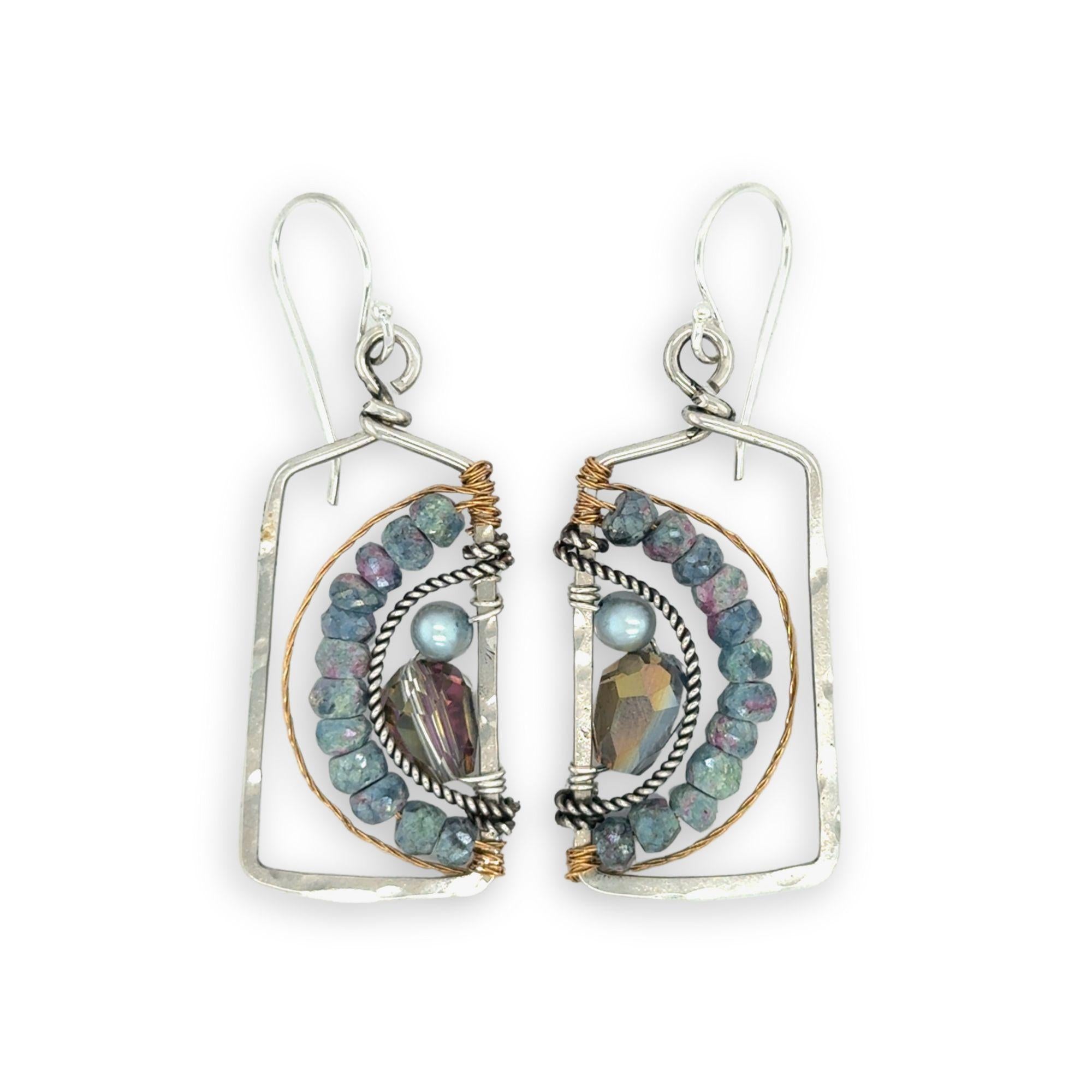 Blue zoisite, light blue fresh water pearl, and pink crystal arches within a sterling silver box earring