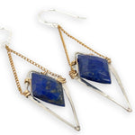 Hammered sterling silver diamonds with double pointed lapis gemstone hanging from delicate gold fill chain earrings