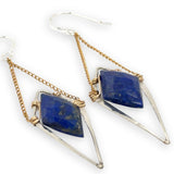 Hammered sterling silver diamonds with double pointed lapis gemstone hanging from delicate gold fill chain earrings