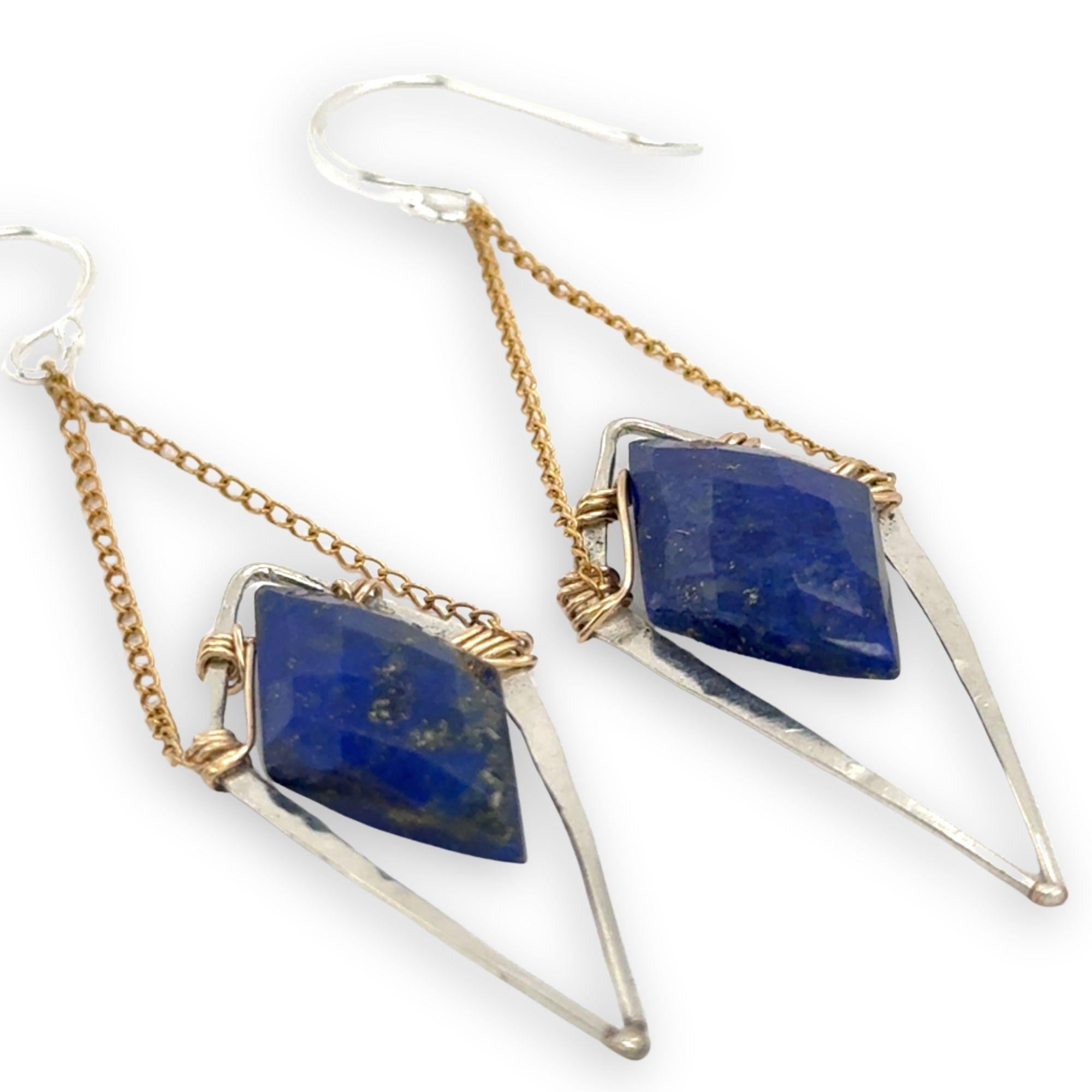 Hammered sterling silver diamonds with double pointed lapis gemstone hanging from delicate gold fill chain earrings
