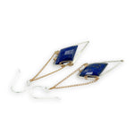 Hammered sterling silver diamonds with double pointed lapis gemstone hanging from delicate gold fill chain earrings