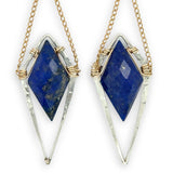 Hammered sterling silver diamonds with double pointed lapis gemstone hanging from delicate gold fill chain earrings
