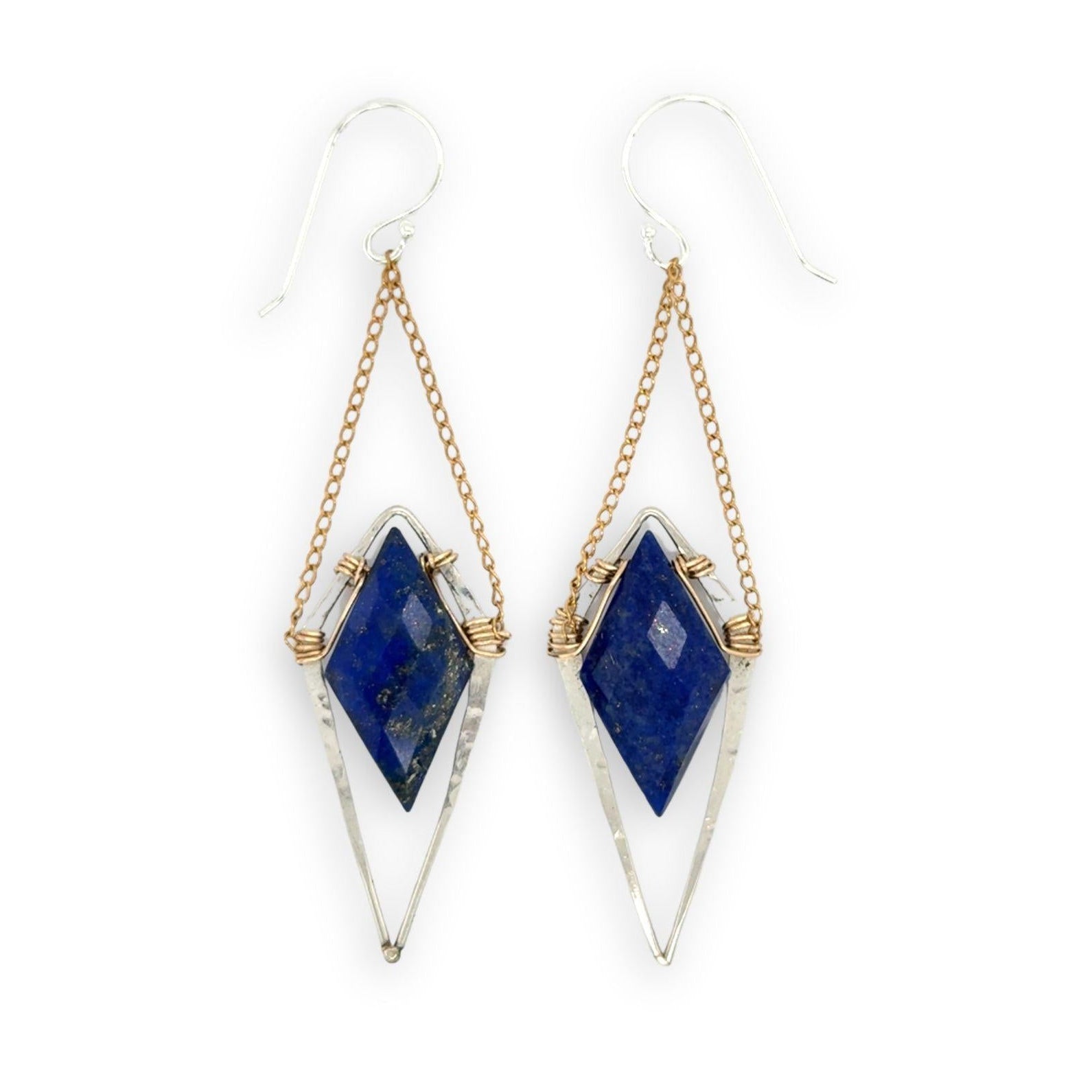 Hammered sterling silver diamonds with double pointed lapis gemstone hanging from delicate gold fill chain earrings