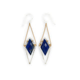 Hammered sterling silver diamonds with double pointed lapis gemstone hanging from delicate gold fill chain earrings