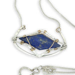 open wide cup sterling silver hammered pendant necklace with double pointed lapis gemstone and gold fill wire accents