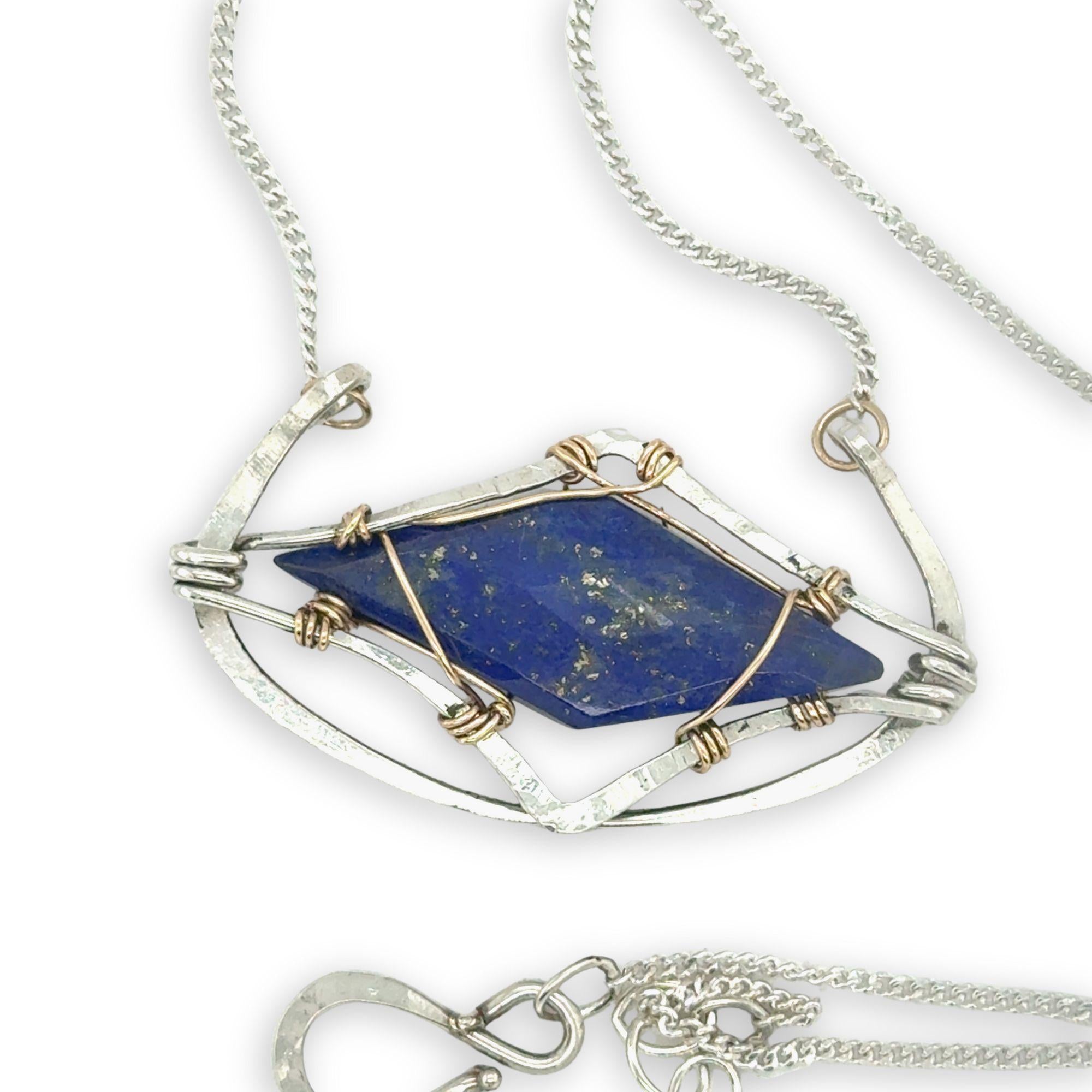 open wide cup sterling silver hammered pendant necklace with double pointed lapis gemstone and gold fill wire accents