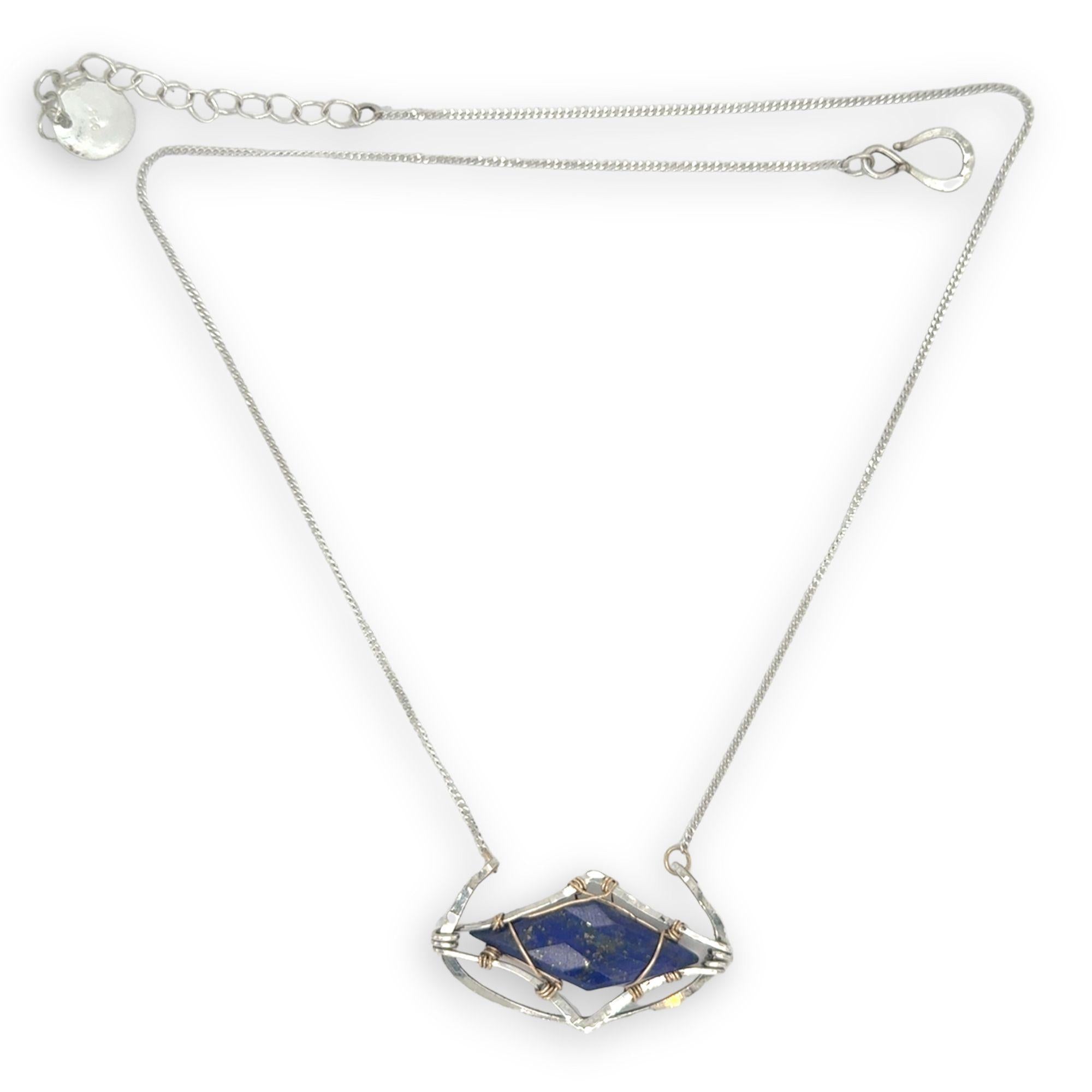 open wide cup sterling silver hammered pendant necklace with double pointed lapis gemstone and gold fill wire accents