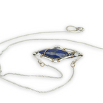 open wide cup sterling silver hammered pendant necklace with double pointed lapis gemstone and gold fill wire accents