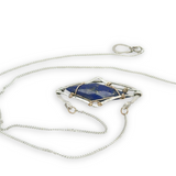 open wide cup sterling silver hammered pendant necklace with double pointed lapis gemstone and gold fill wire accents