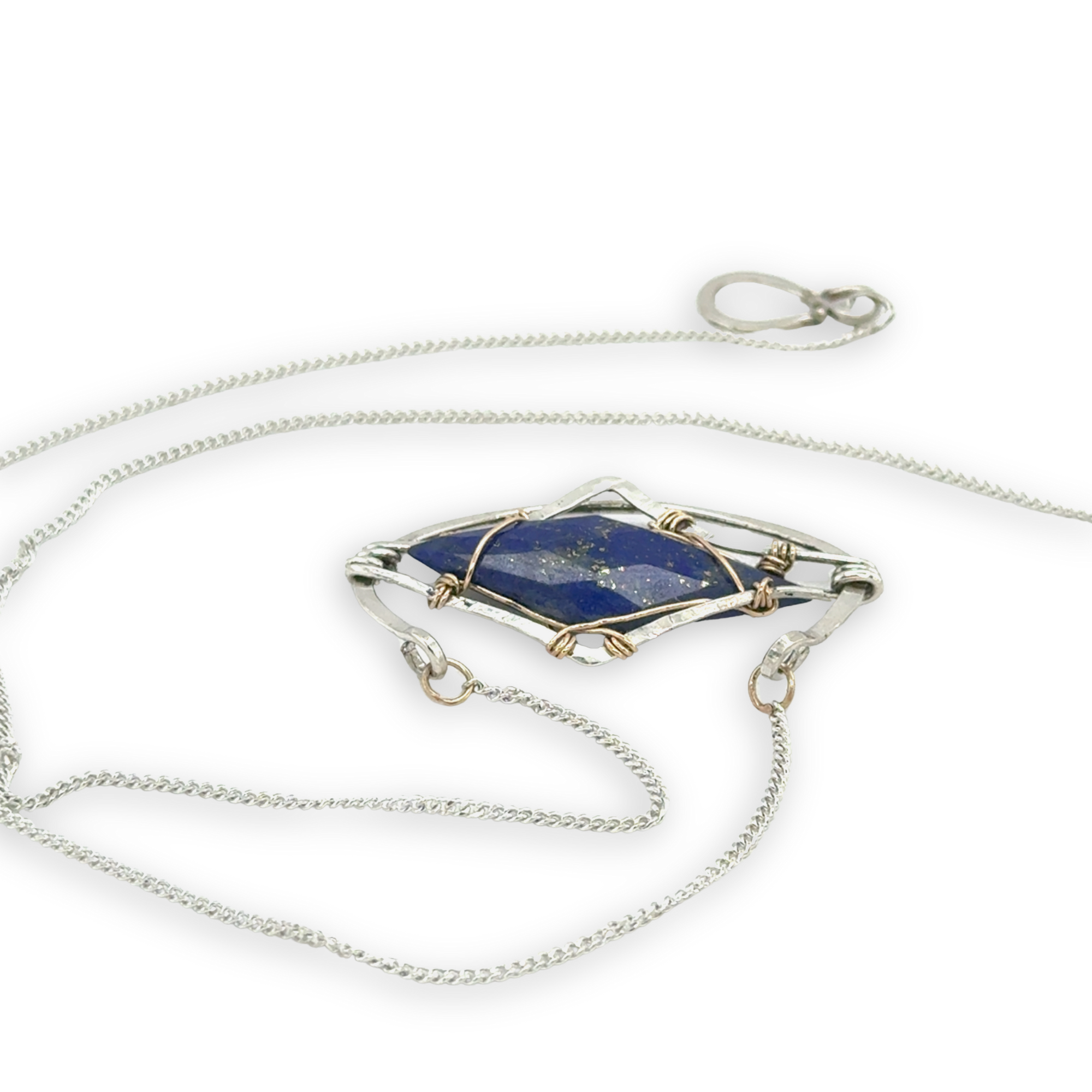 open wide cup sterling silver hammered pendant necklace with double pointed lapis gemstone and gold fill wire accents