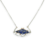 open wide cup sterling silver hammered pendant necklace with double pointed lapis gemstone and gold fill wire accents