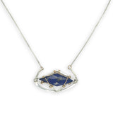 open wide cup sterling silver hammered pendant necklace with double pointed lapis gemstone and gold fill wire accents