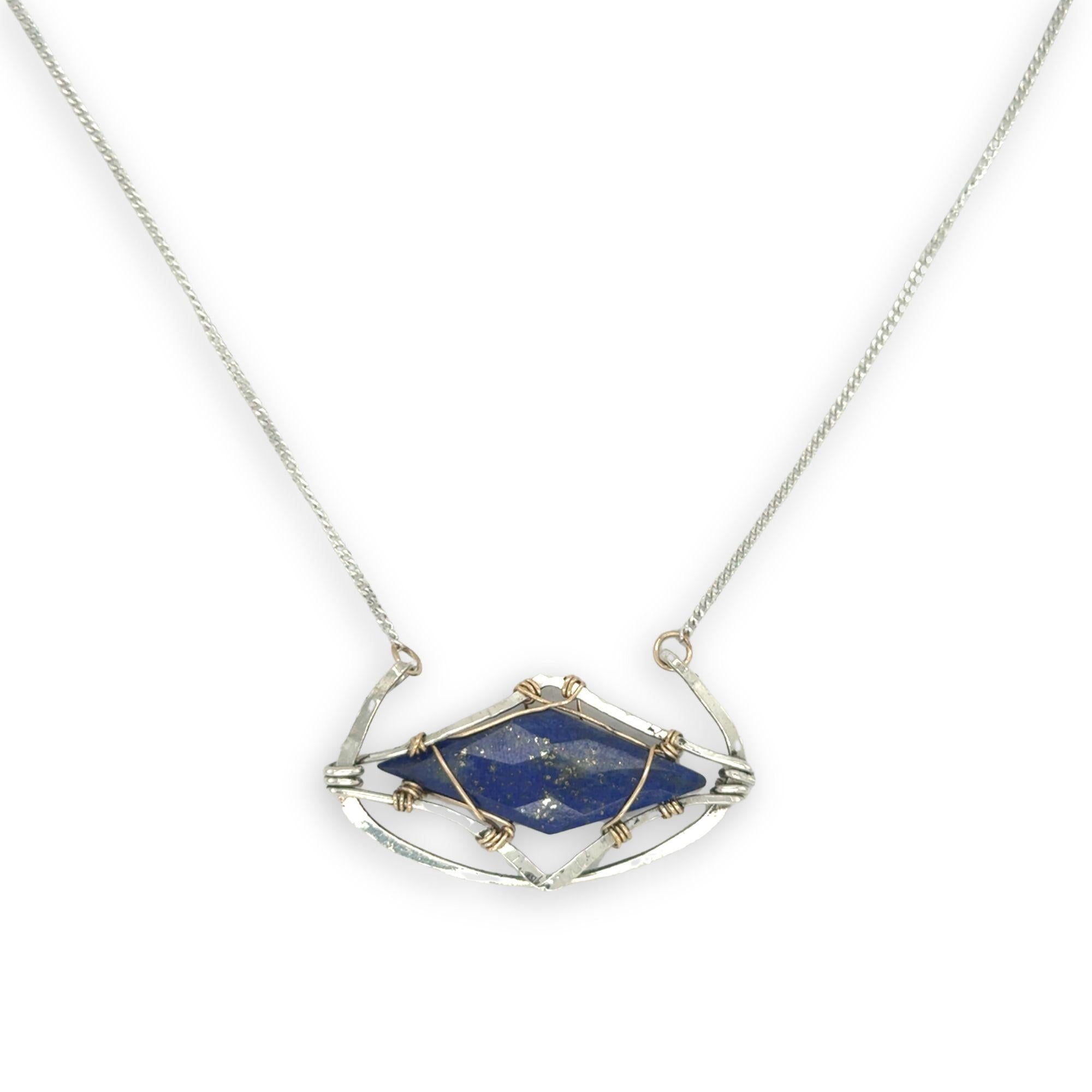 open wide cup sterling silver hammered pendant necklace with double pointed lapis gemstone and gold fill wire accents