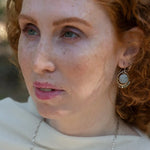 Smooth aquamarine coins are held within sterling silver mini hoops stamped with leaves with crystal accents