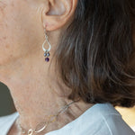 A pair of sterling silver mini drop earrings featuring faceted spherical amethyst and purple freshwater pearl accents