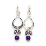 A pair of sterling silver mini drop earrings featuring faceted spherical amethyst and purple freshwater pearl accents