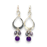 A pair of sterling silver mini drop earrings featuring faceted spherical amethyst and purple freshwater pearl accents