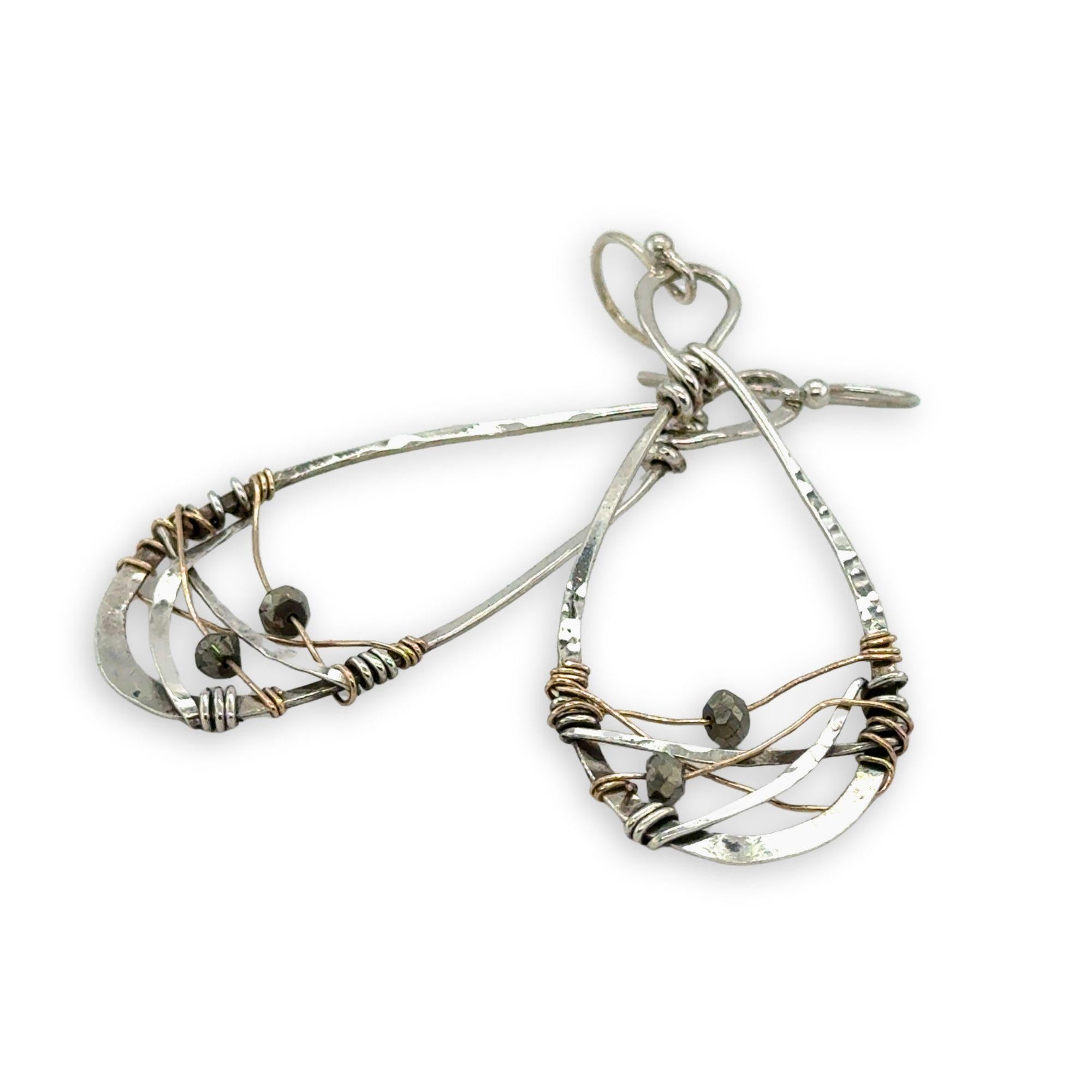 sterling silver handmade infinity shaped earrings with pyrite gemstones on gold filled wire