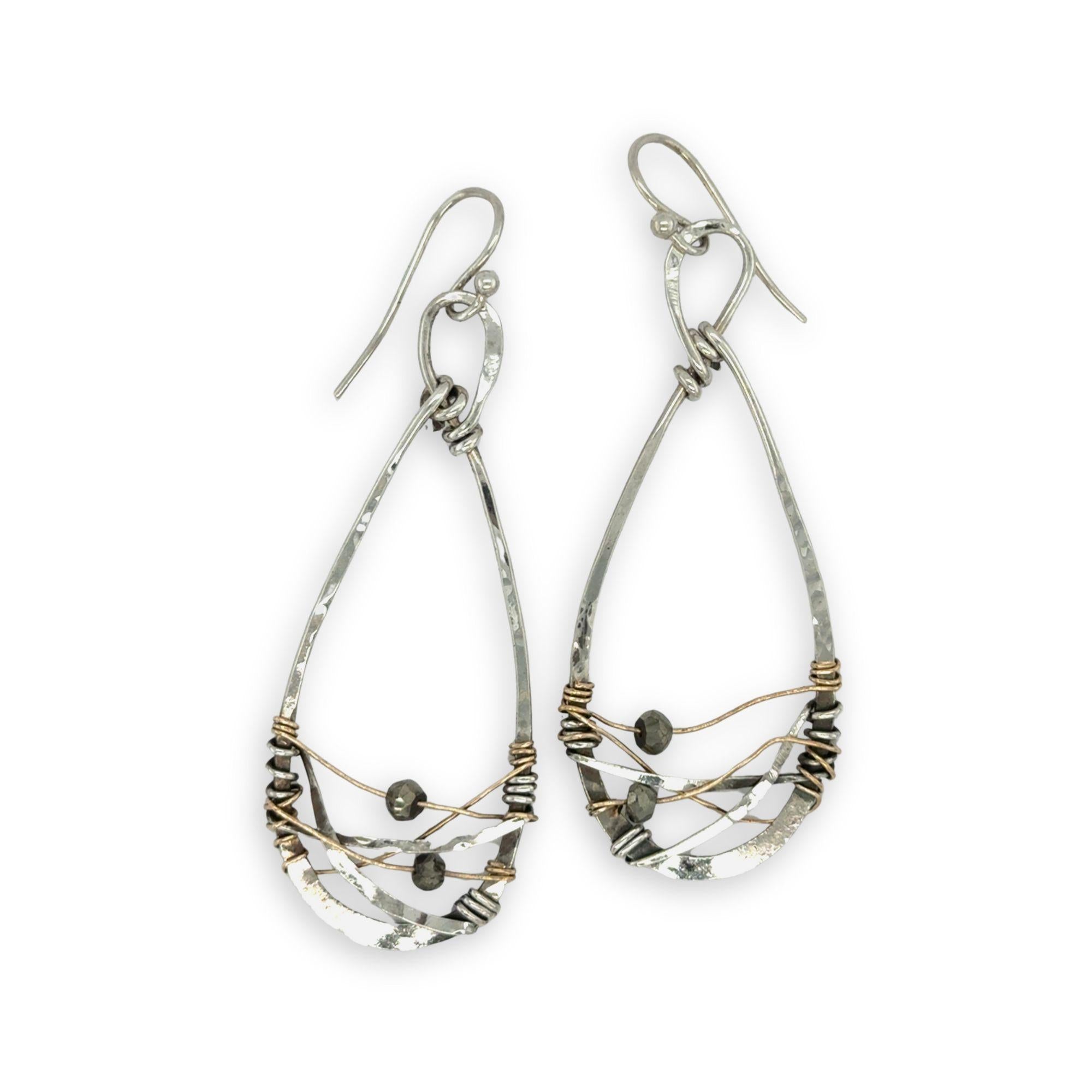 sterling silver handmade infinity shaped earrings with pyrite gemstones on gold filled wire