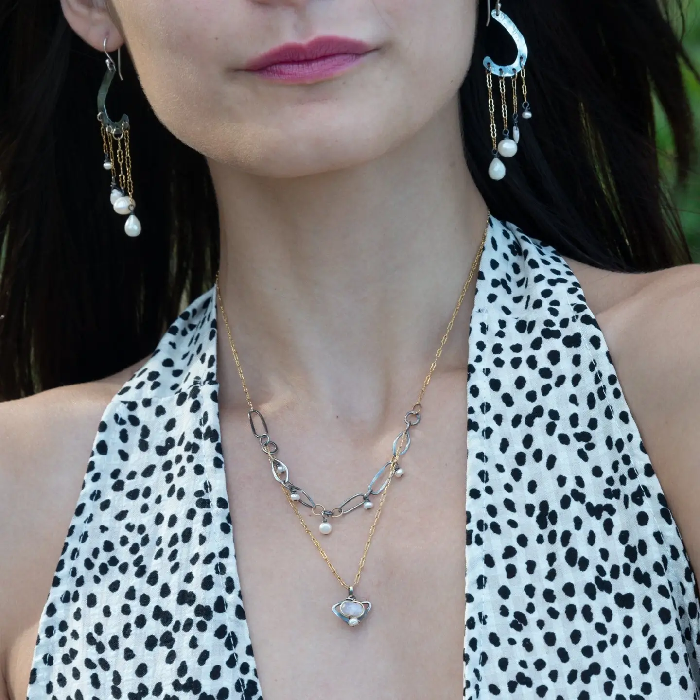A gold-filled crinkle chain necklace with oxidized sterling silver handmade links, featuring moonstone faceted natural gemstone and tiny freshwater pearl charms