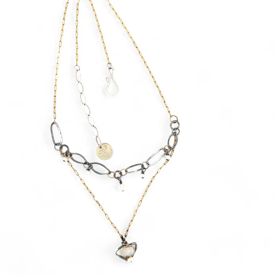 A gold-filled crinkle chain necklace with oxidized sterling silver handmade links, featuring moonstone faceted natural gemstone and tiny freshwater pearl charms