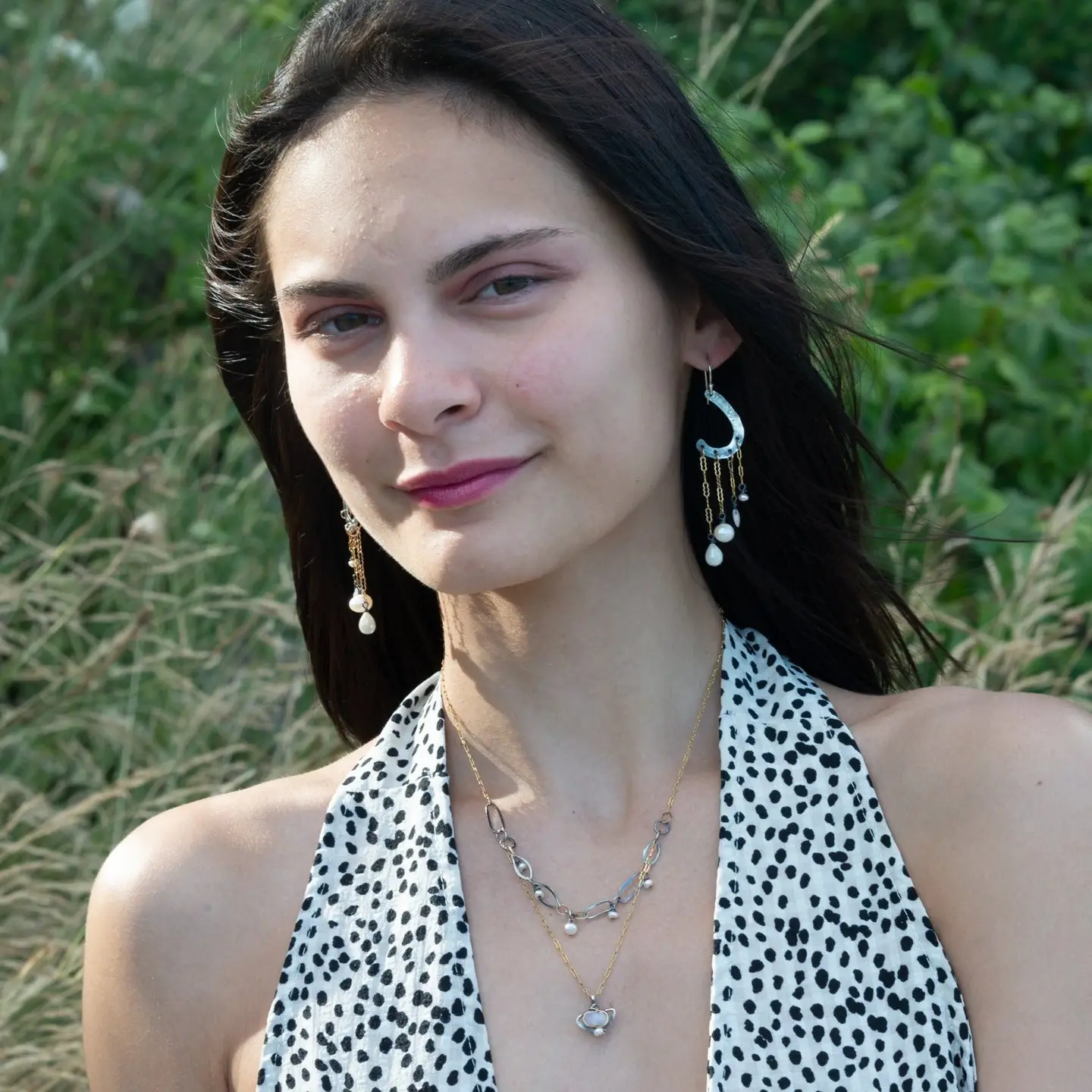 A gold-filled crinkle chain necklace with oxidized sterling silver handmade links, featuring moonstone faceted natural gemstone and tiny freshwater pearl charms