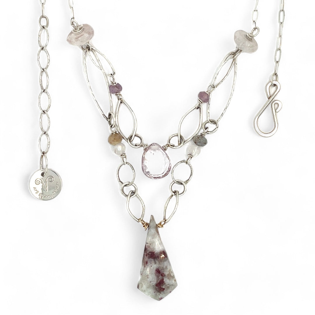 A sterling silver link chain necklace with a double strand design, featuring natural white ruby zoisite, white faceted sapphires, moonstone, amethyst, and rose quartz drops