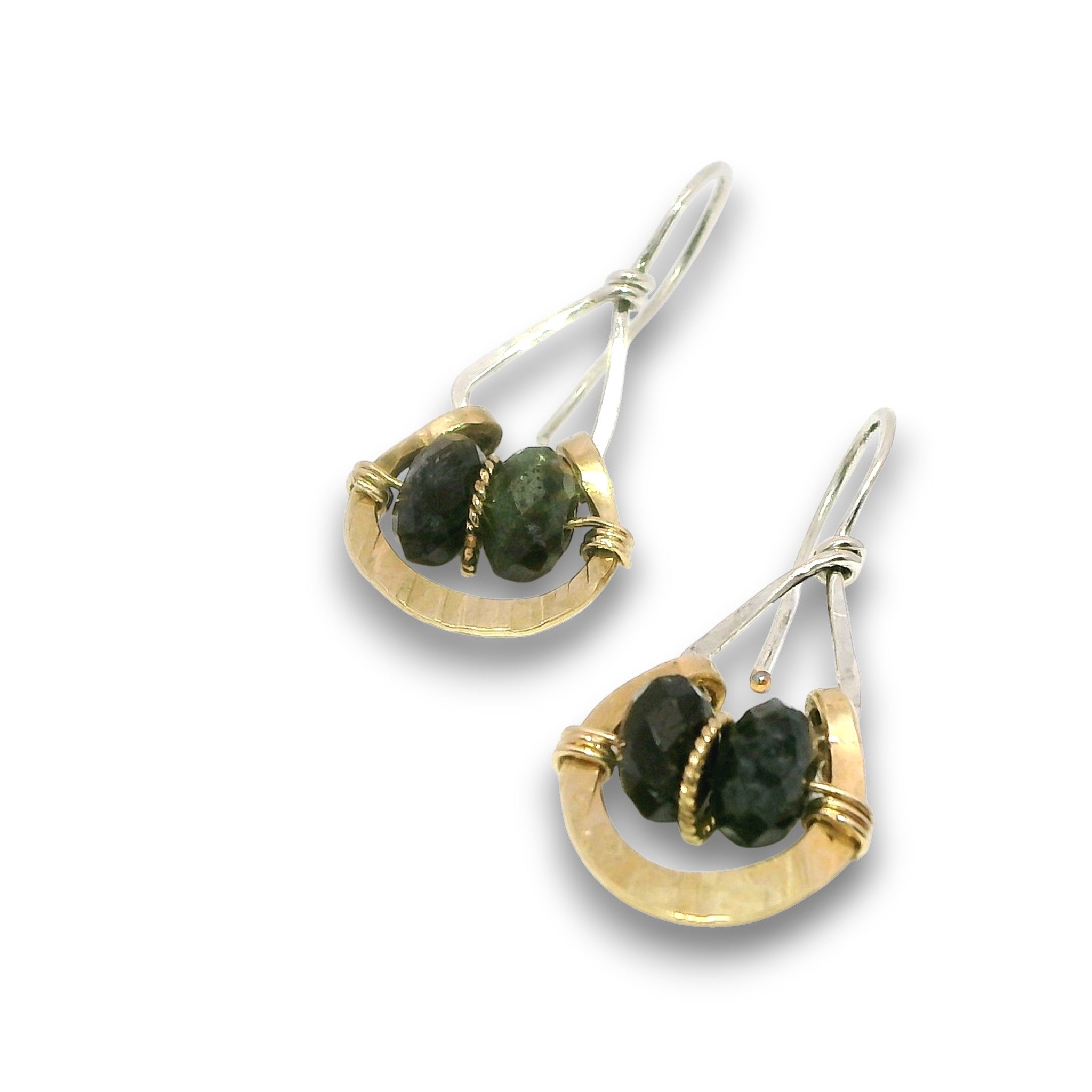 Hammered brass and sterling silver mini earrings with zoisite faceted gemstones