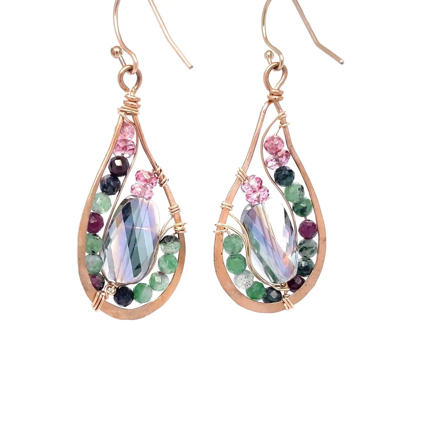 Ruby zoisite and cherry quartz surround layered of gold filled wire and pink crystal inside a bronze drop earring