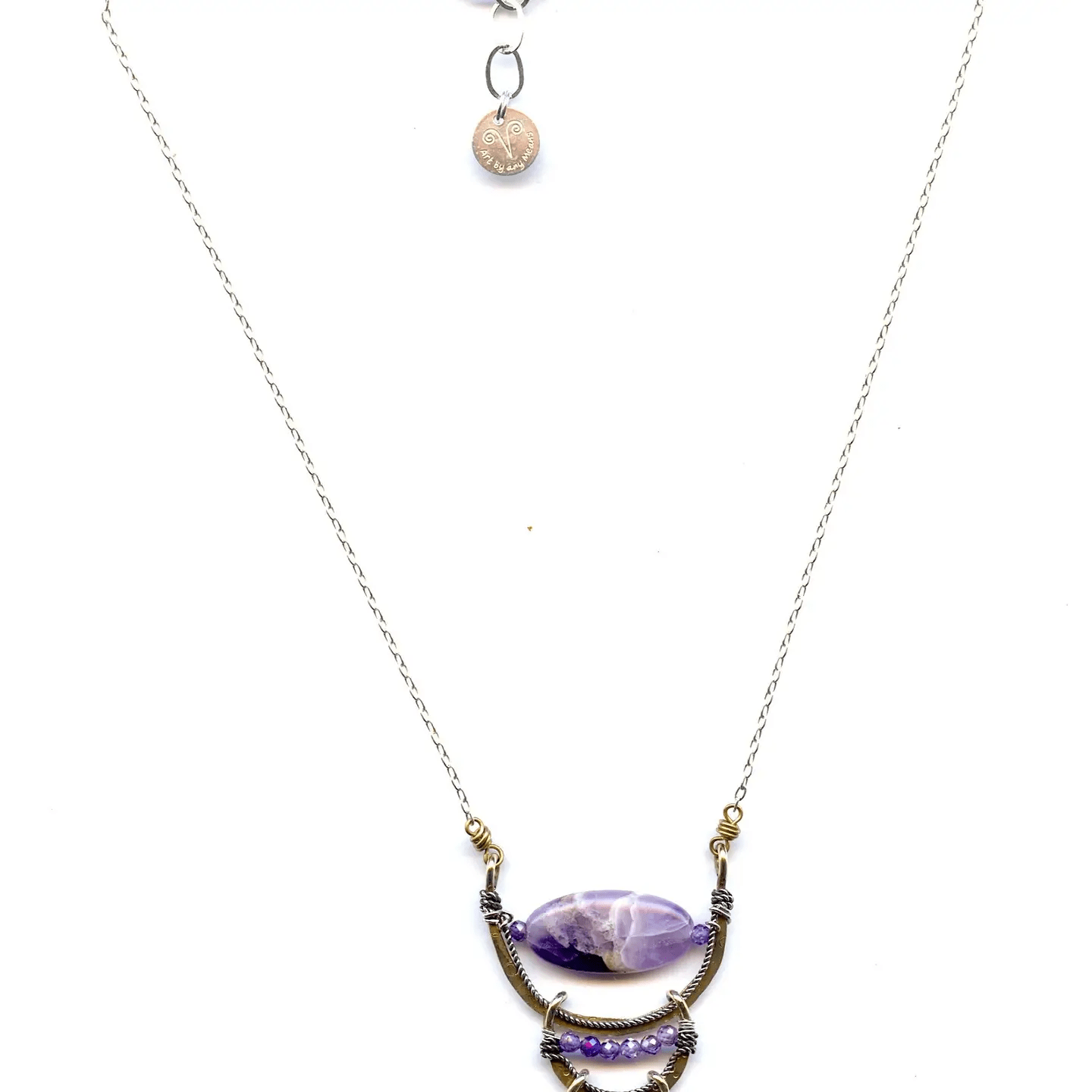 Brass, sterling silver twist cups necklace with amethyst gemstone, lavender cubic zirconia gemstones, sterling silver chain