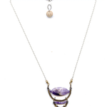 Brass, sterling silver twist cups necklace with amethyst gemstone, lavender cubic zirconia gemstones, sterling silver chain
