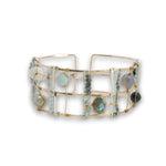 bronze double cuff with sterling silver hammered bars with aquamarine, moonstone, labradorite, apatite, and iolite gemstones