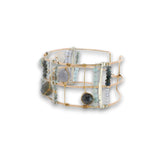 bronze double cuff with sterling silver hammered bars with aquamarine, moonstone, labradorite, apatite, and iolite gemstones