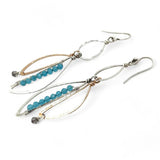 Handmade aqua cat's eye and labradorite drop earrings with hammered sterling silver and bronze  - Art by any Means Jewelry