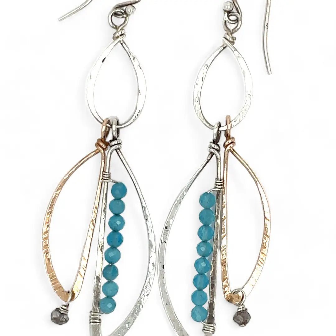 Aqua cat's eye and labradorite gemstone drops on handmade hammered sterling silver earrings - Art by any Means Jewelry