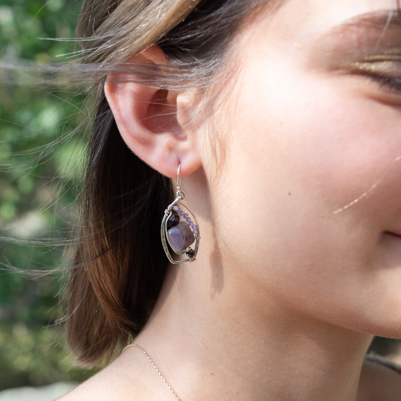 Handmade drop earrings featuring Cape Ann amethyst gemstones, by Art by any Means Jewelry