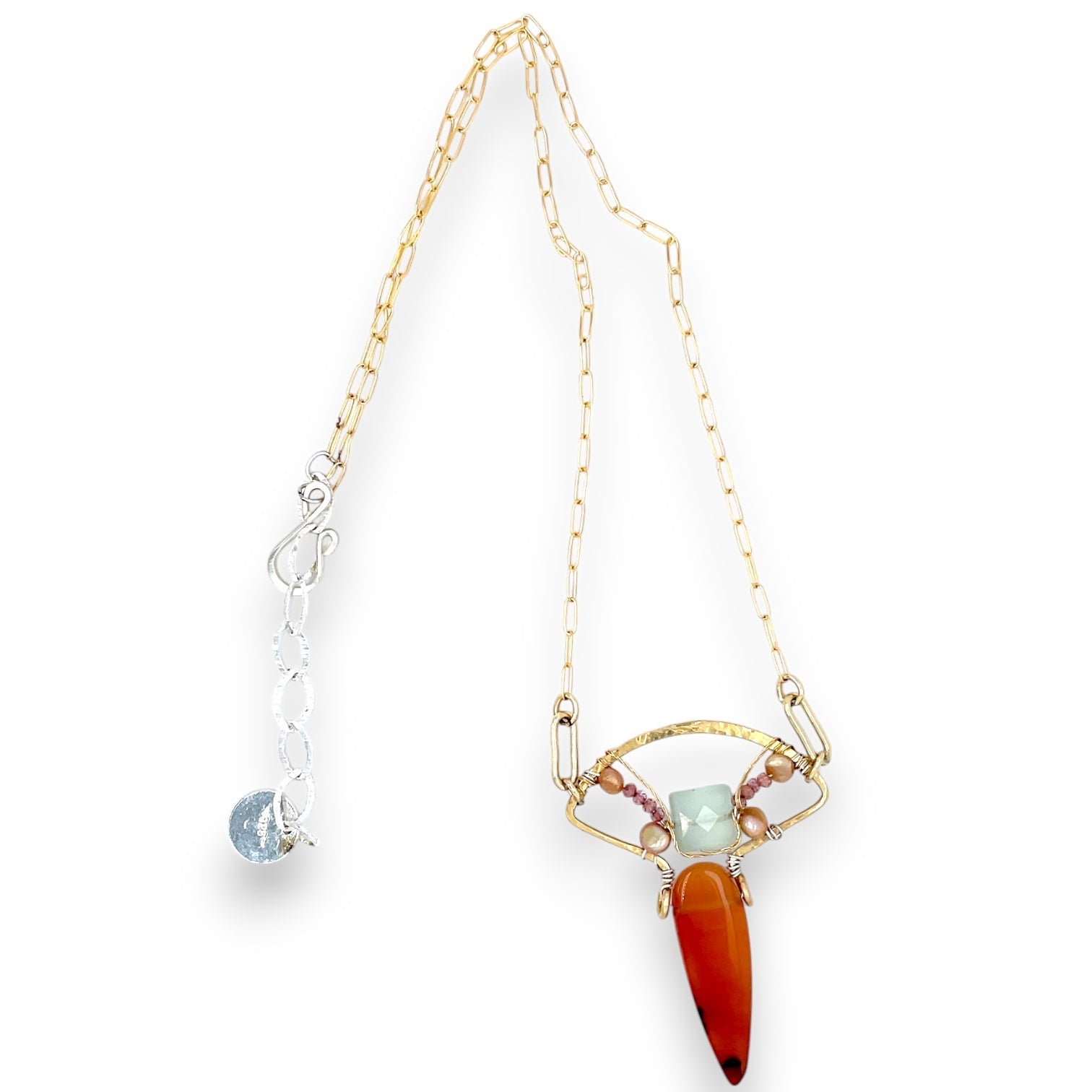 Handmade carnelian, jade, freshwater pearl and pink tourmaline fan pendant necklace - Art by any Means Jewelry