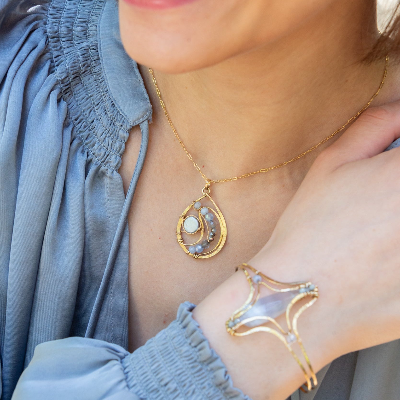 Celestial Pearl Brass Drop Necklace - Art by any Means Jewelry#product_