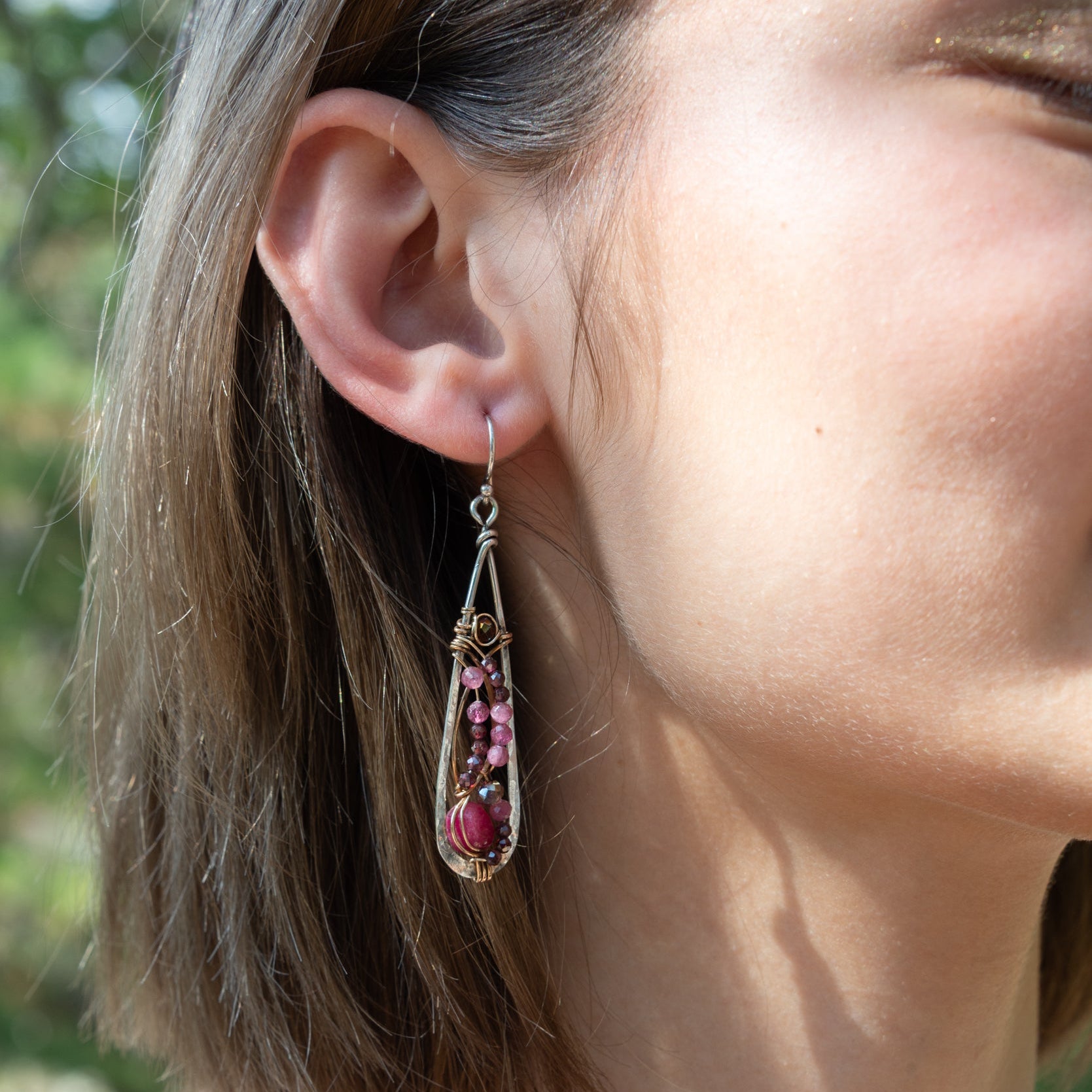 Handmade oxidized sterling silver drop earrings with a ruby nugget, pink tourmaline and garnet gemstones, by Art by any Means Jewelry