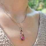 Handmade oxidized sterling silver pendant necklace with a ruby nugget, pink tourmaline and garnet gemstones, by Art by any Means Jewelry