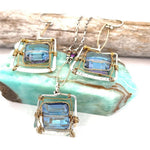 Blue crystal tile brass twist wire layers hammered sterling silver box pendant  crystal cube sterling silver chain
