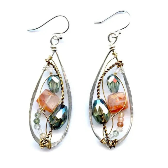 Handmade hammered sterling silver drops with green crystal, orange red rutilated quartz and green amethyst on gold filled and brass twist wires