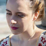 Handmade natural quartz point sterling silver arch drop earrings worn on model - Art by any Means Jewelry