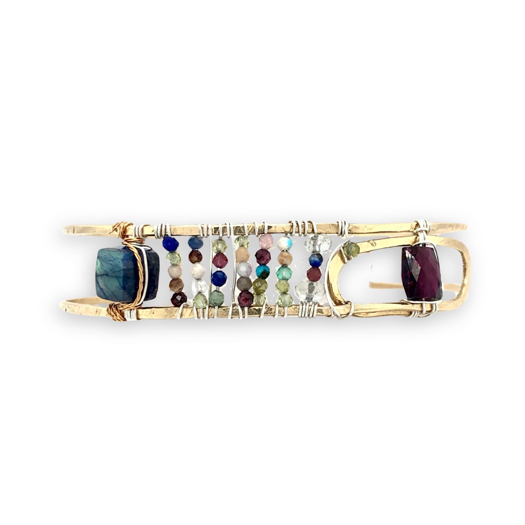 Brass skinny bracelet with flashy blue labradorite cube, garnet tile, green amethyst gemstones on sterling silver wire